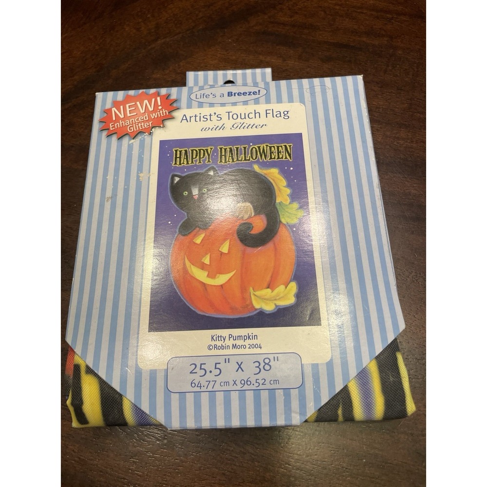 New Lifes A Breeze Kitty Pumpkin Hallowen Flag 25.5 X 38 Artists Touch Flag Cat